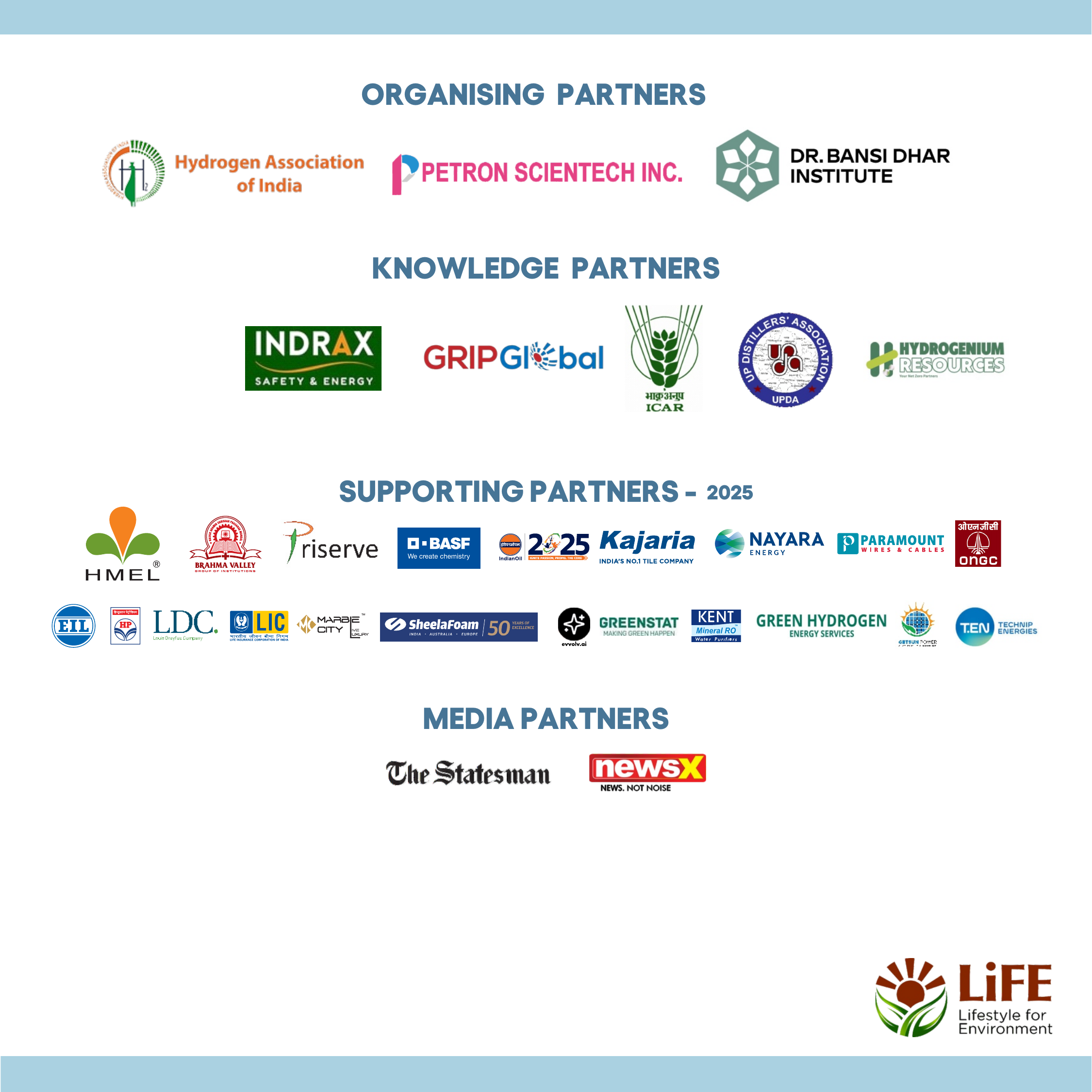 ICS 2026 Partners: Hydrogen Association of India, Petron Scientech, Dr. Bansi Dhar Institute, INDRAX, GRIP Global, ICAR, UP Distillers' Association, Hydrogenium Resources, HMEL, Brahma Valley, Priserve, BASF, Indian Oil, Kajaria, Nayara Energy, Paramount Wires & Cables, ONGC, EIL, HPCL, LDC, LIC, Marble City, SheelaFoam, Greenstat, Kent Mineral RO, Green Hydrogen Energy Services, Technip Energies, The Statesman, NewsX